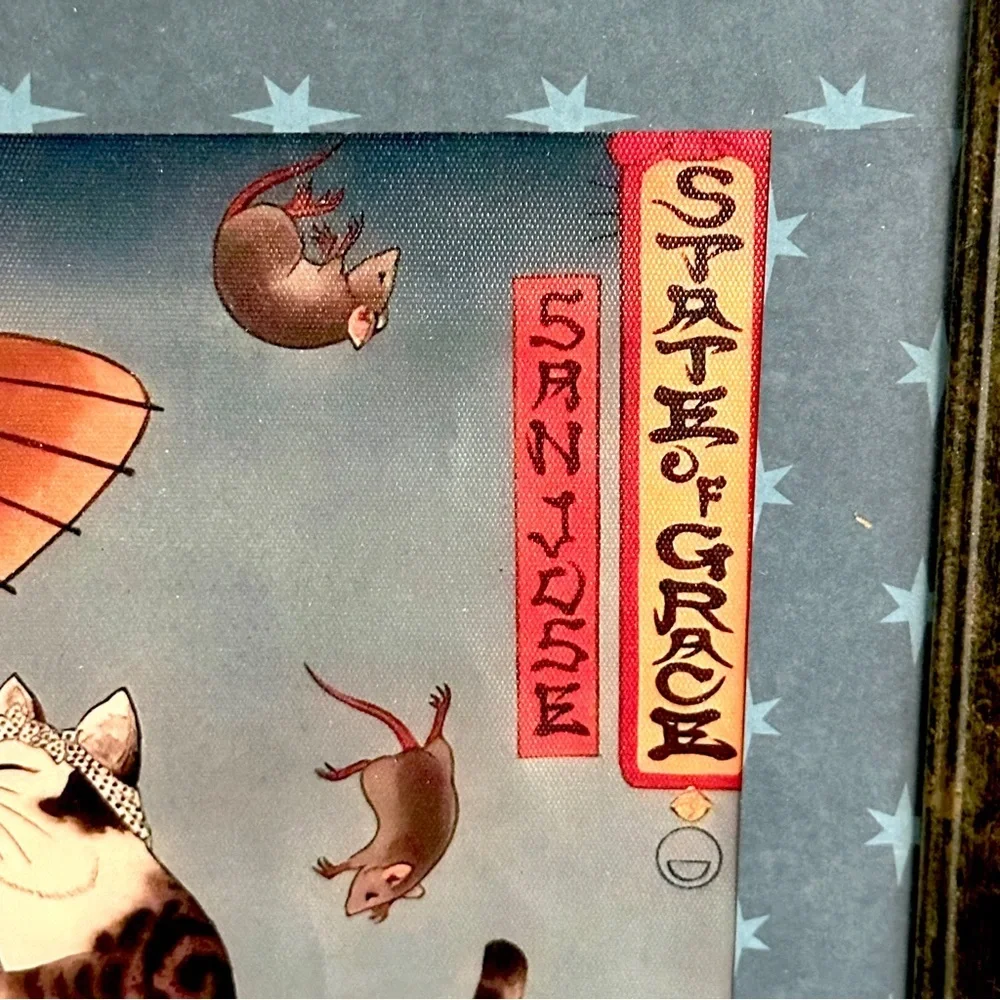 Japanese Cat on the High Wire Umbrella Mice Rat Tattoo Style Canvas Print Framed